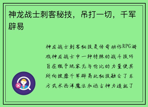 神龙战士刺客秘技，吊打一切，千军辟易