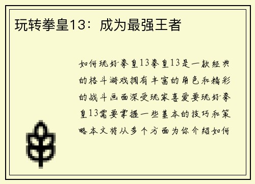 玩转拳皇13：成为最强王者